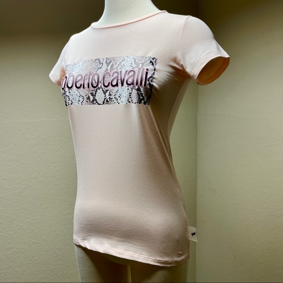 Roberto Cavalli Peach Pink Snakeskin Logo T Shirt Size XS Designer Sexy - Picture 2 of 14